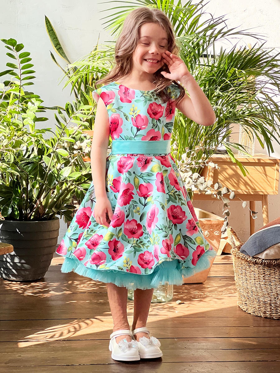 Платье для девочки нарядное БУШОН ST30, стиляги цвет бирюза/розовый пояс бирюза, принт цветы 
