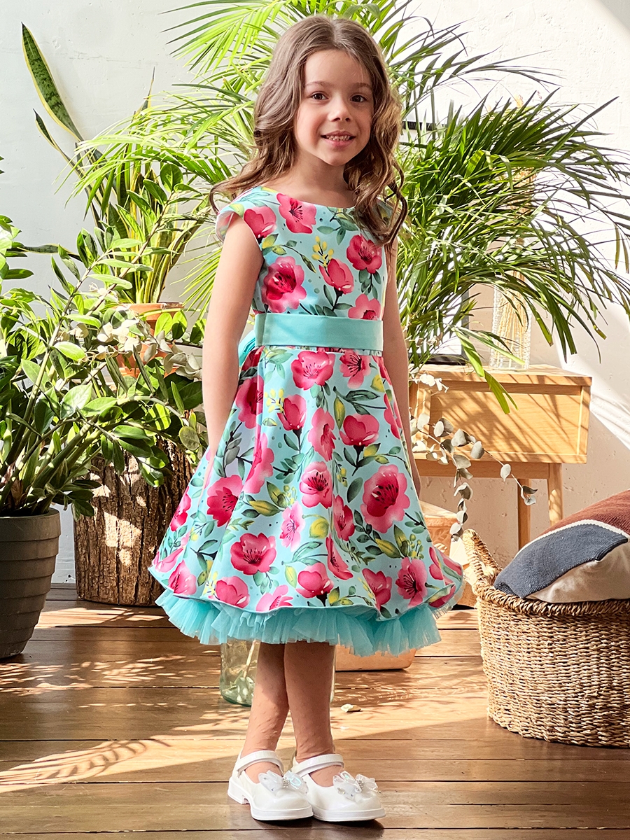 Платье для девочки нарядное БУШОН ST30, стиляги цвет бирюза/розовый пояс бирюза, принт цветы 