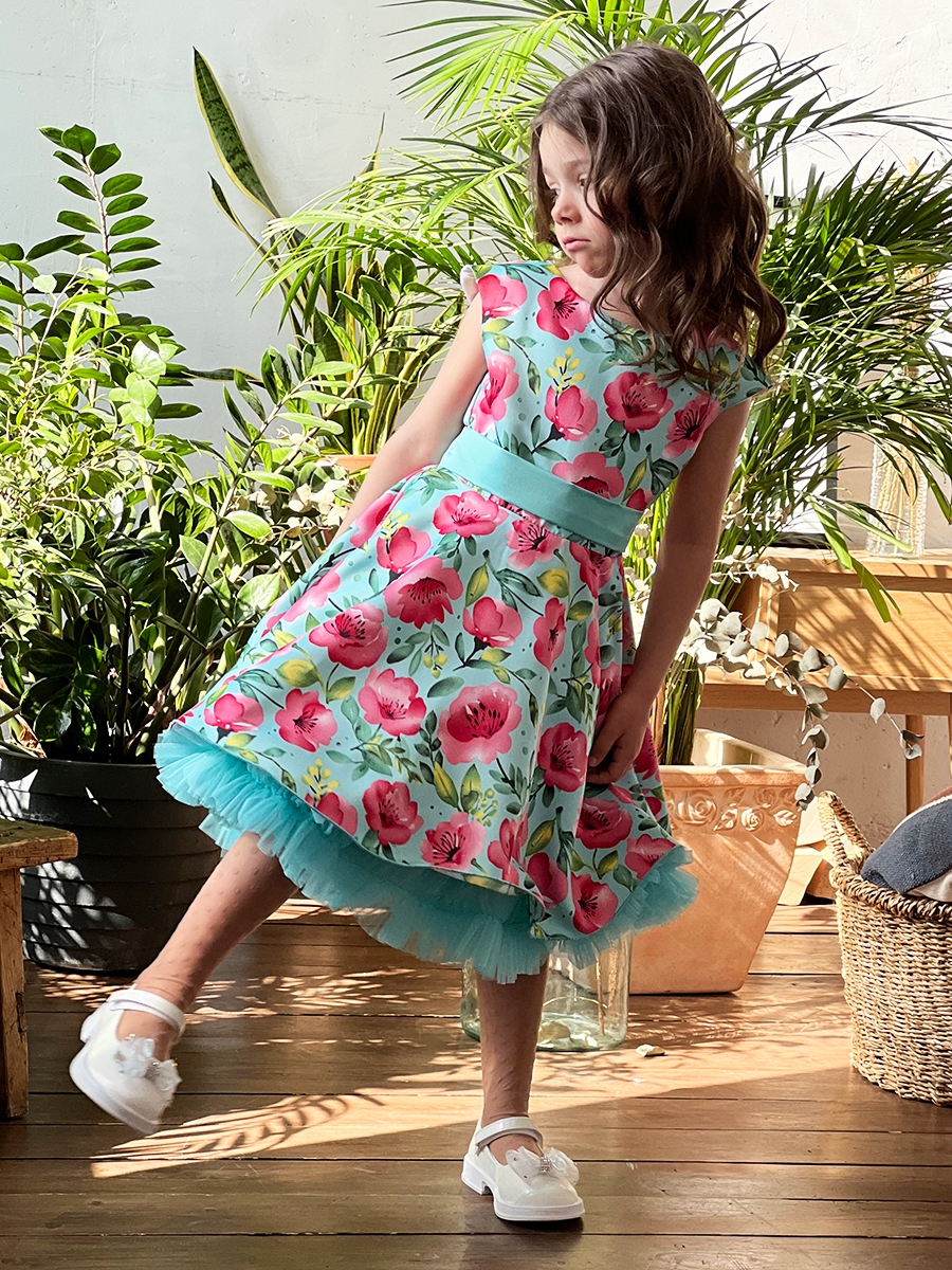 Платье для девочки нарядное БУШОН ST30, стиляги цвет бирюза/розовый пояс бирюза, принт цветы 