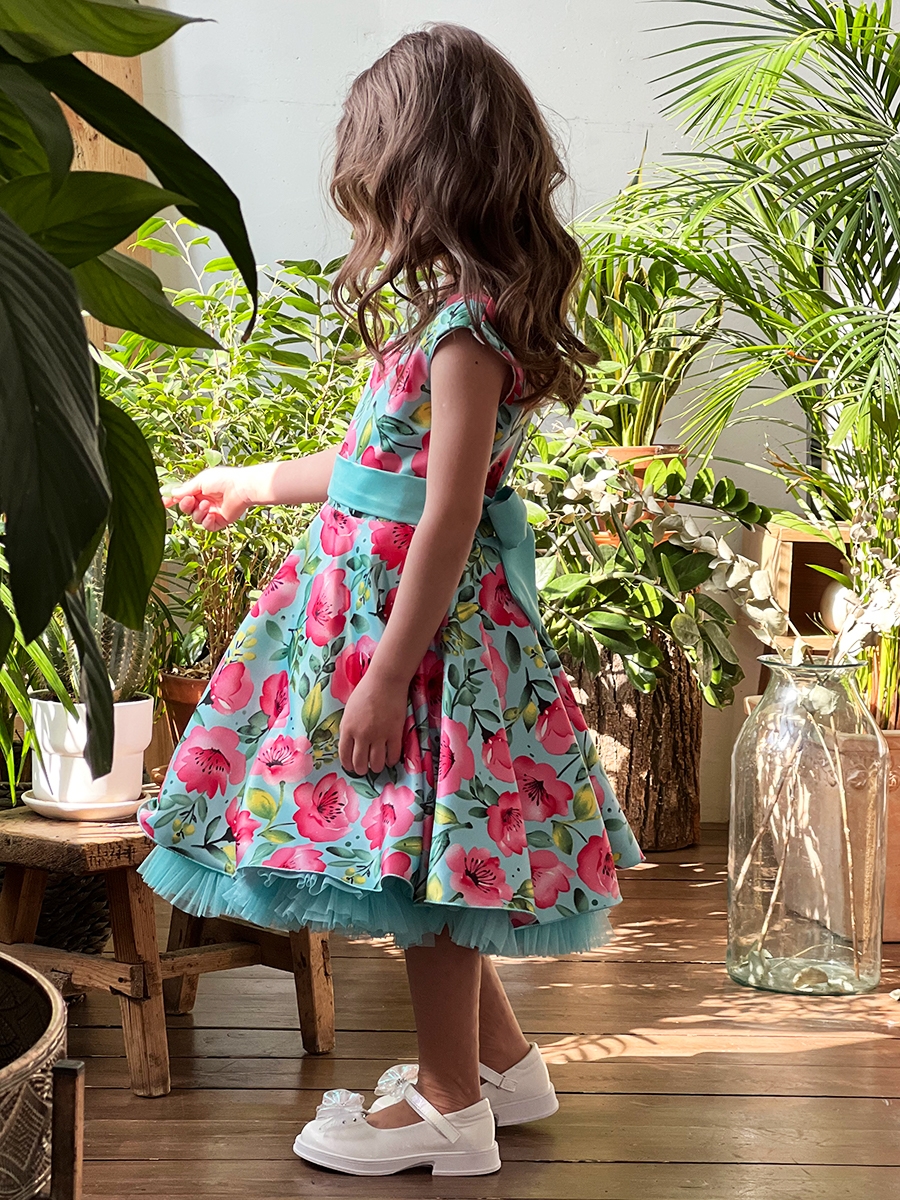 Платье для девочки нарядное БУШОН ST30, стиляги цвет бирюза/розовый пояс бирюза, принт цветы 