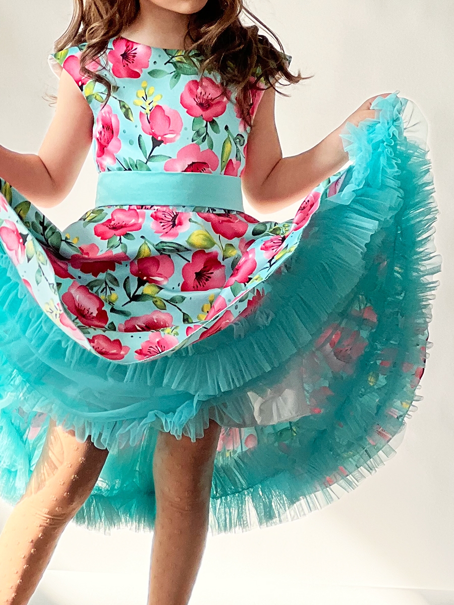 Платье для девочки нарядное БУШОН ST30, стиляги цвет бирюза/розовый пояс бирюза, принт цветы 