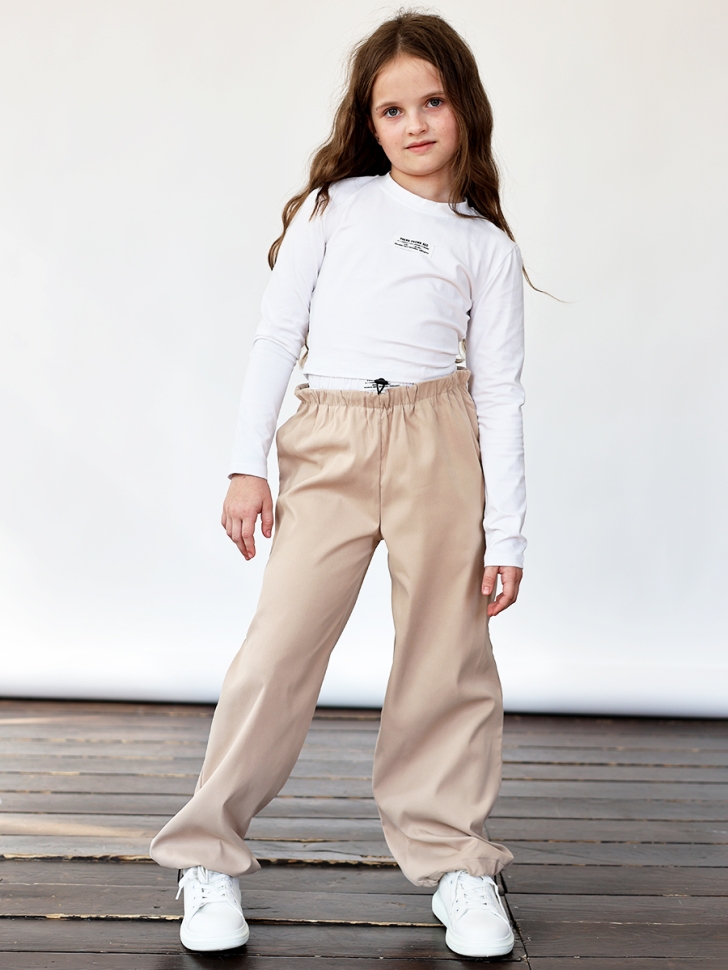 Комплект лонгслив и брюки для девочек БУШОН ST112, цвет бежевый/белый