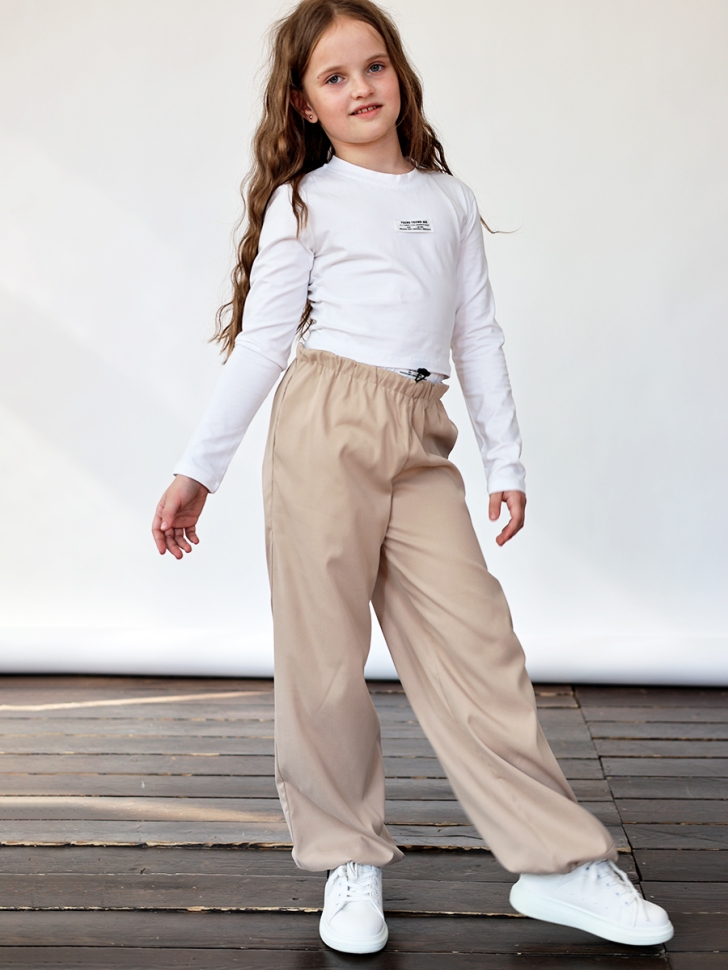 Комплект лонгслив и брюки для девочек БУШОН ST112, цвет бежевый/белый