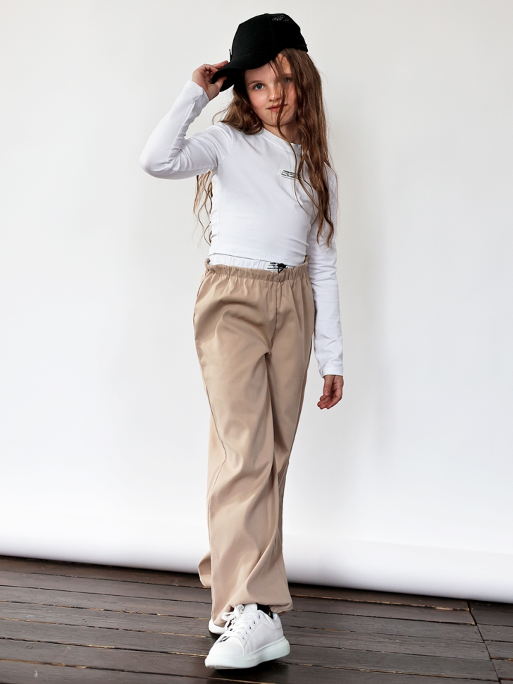 Комплект лонгслив и брюки для девочек БУШОН ST112, цвет бежевый/белый