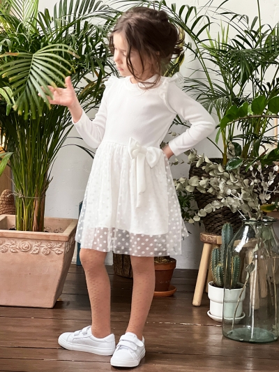 Платье для девочки нарядное БУШОН ST50, цвет белый, бант, горошек/однотонный