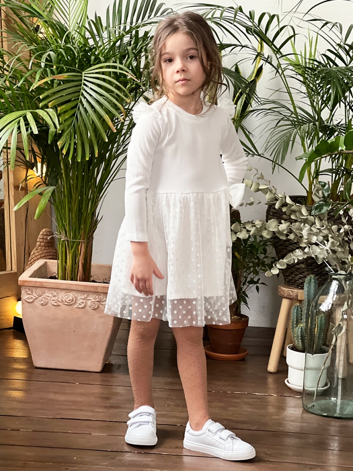 Платье для девочки нарядное БУШОН ST50, цвет белый, бант, горошек/однотонный 