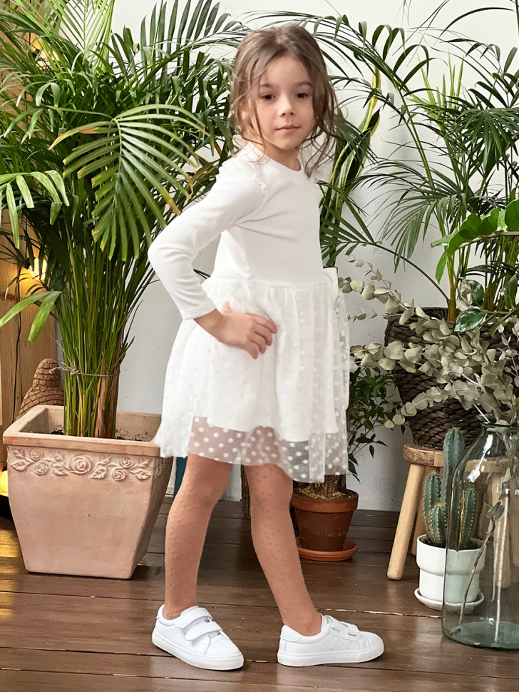 Платье для девочки нарядное БУШОН ST50, цвет белый, бант, горошек/однотонный 