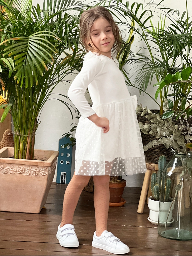 Платье для девочки нарядное БУШОН ST50, цвет белый, бант, горошек/однотонный 
