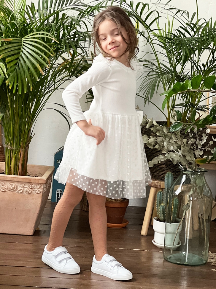 Платье для девочки нарядное БУШОН ST50, цвет белый, бант, горошек/однотонный 