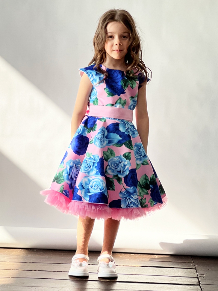 Платье для девочки нарядное БУШОН ST30, стиляги цвет розовый/голубой пояс розовый, принт цветы