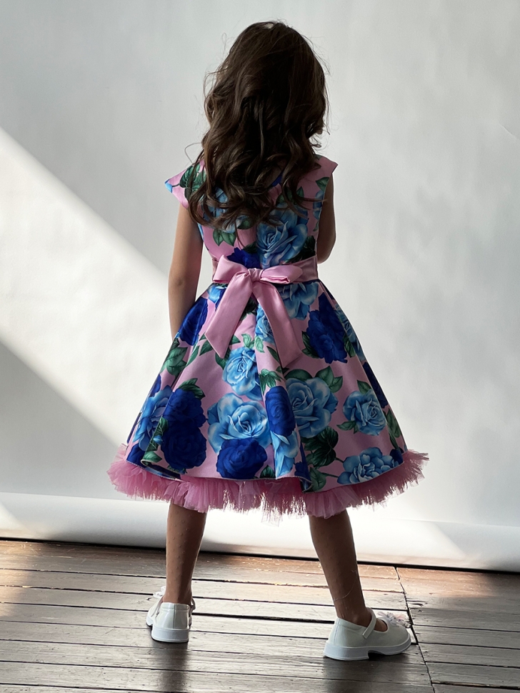 Платье для девочки нарядное БУШОН ST30, стиляги цвет розовый/голубой пояс розовый, принт цветы