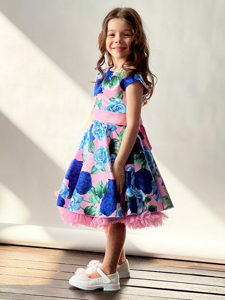 Платье для девочки нарядное БУШОН ST30, стиляги цвет розовый/голубой пояс розовый, принт цветы