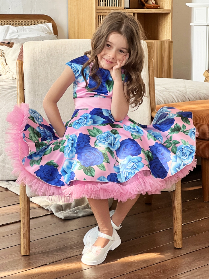 Платье для девочки нарядное БУШОН ST30, стиляги цвет розовый/голубой пояс розовый, принт цветы