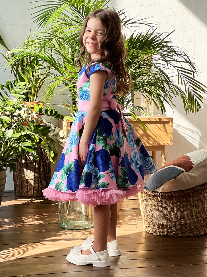 Платье для девочки нарядное БУШОН ST30, стиляги цвет розовый/голубой пояс розовый, принт цветы