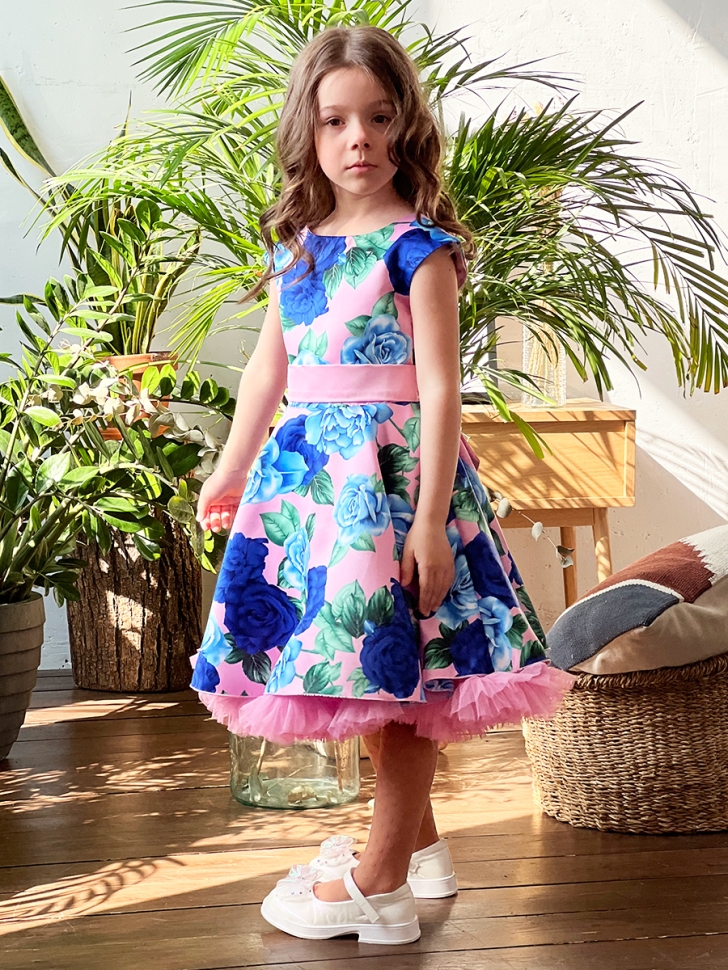 Платье для девочки нарядное БУШОН ST30, стиляги цвет розовый/голубой пояс розовый, принт цветы