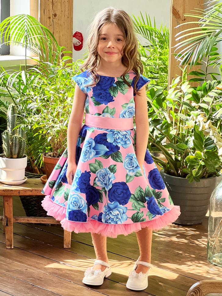 Платье для девочки нарядное БУШОН ST30, стиляги цвет розовый/голубой пояс розовый, принт цветы