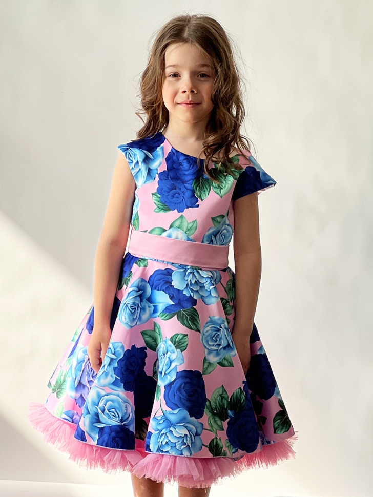 Платье для девочки нарядное БУШОН ST30, стиляги цвет розовый/голубой пояс розовый, принт цветы