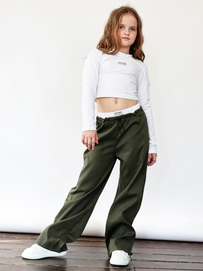 Комплект лонгслив и брюки для девочек БУШОН ST112, цвет хаки/белый