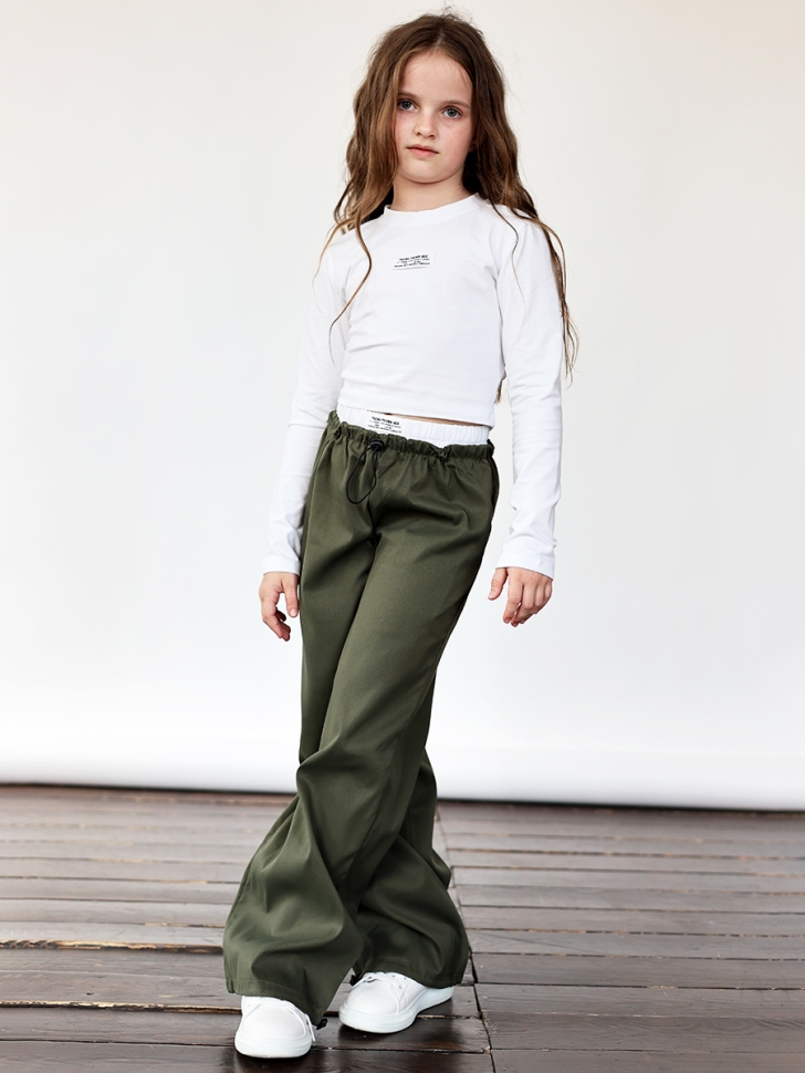 Комплект лонгслив и брюки для девочек БУШОН ST112, цвет хаки/белый