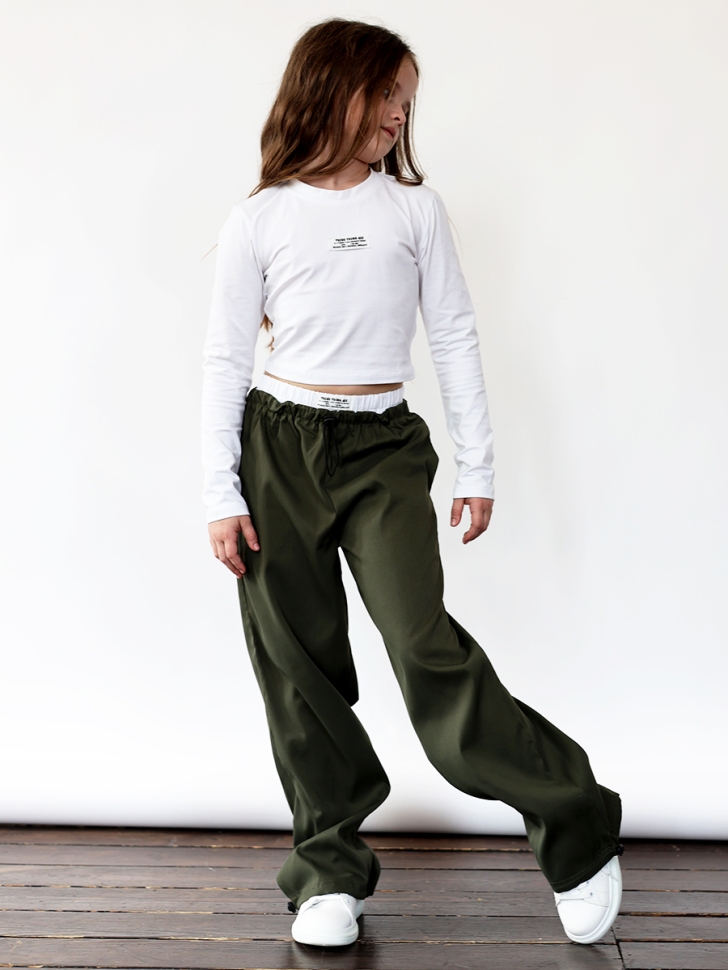 Комплект лонгслив и брюки для девочек БУШОН ST112, цвет хаки/белый