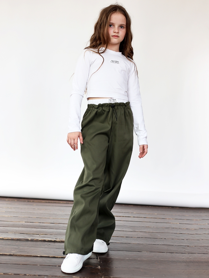 Комплект лонгслив и брюки для девочек БУШОН ST112, цвет хаки/белый