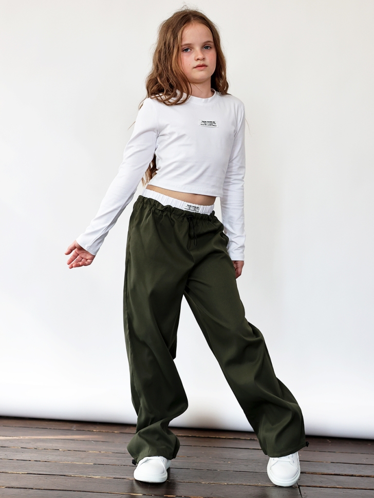 Комплект лонгслив и брюки для девочек БУШОН ST112, цвет хаки/белый