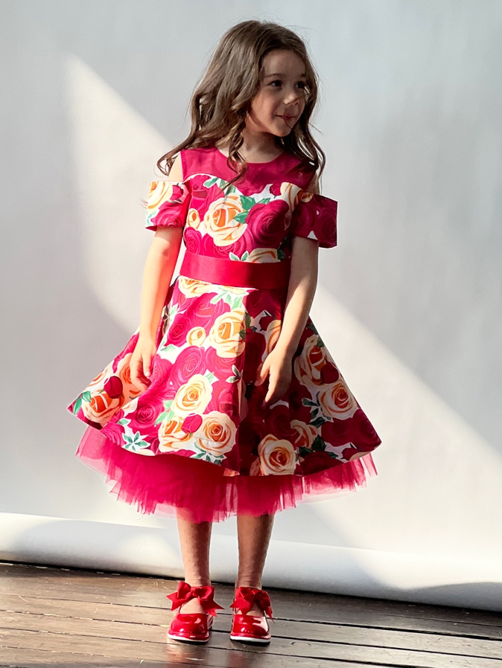 Платье для девочки нарядное БУШОН ST31, стиляги цвет малиновый/желтый пояс красный, принт красные цветы 
