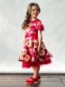 Платье для девочки нарядное БУШОН ST31, стиляги цвет малиновый/желтый пояс красный, принт красные цветы 
