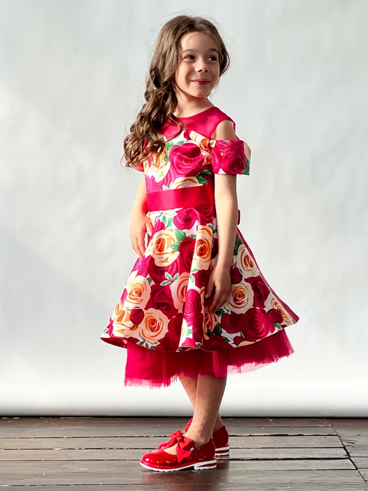 Платье для девочки нарядное БУШОН ST31, стиляги цвет малиновый/желтый пояс красный, принт красные цветы 