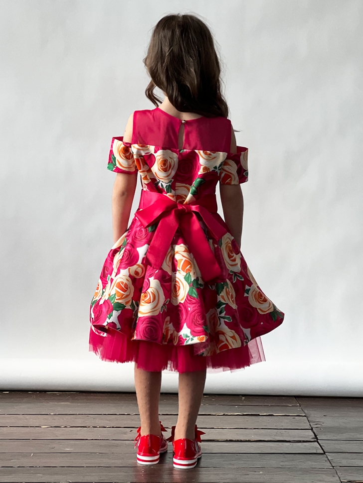 Платье для девочки нарядное БУШОН ST31, стиляги цвет малиновый/желтый пояс красный, принт красные цветы 