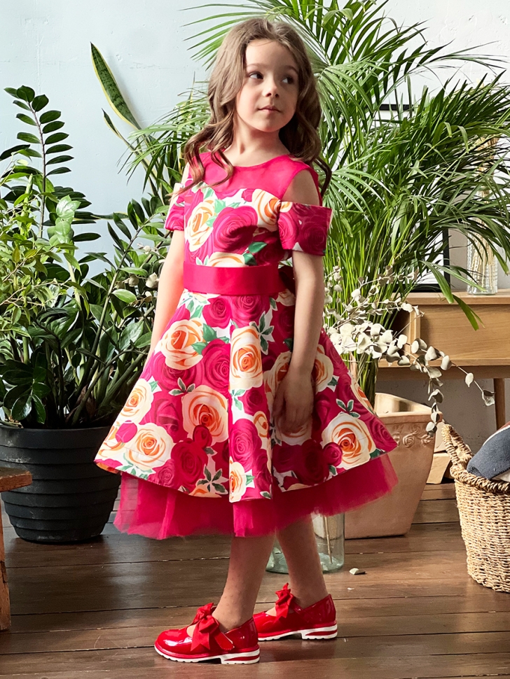 Платье для девочки нарядное БУШОН ST31, стиляги цвет малиновый/желтый пояс красный, принт красные цветы 