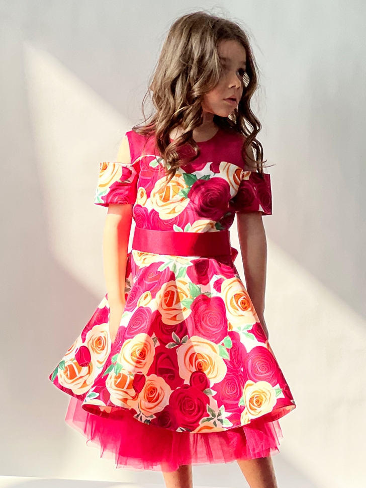 Платье для девочки нарядное БУШОН ST31, стиляги цвет малиновый/желтый пояс красный, принт красные цветы 