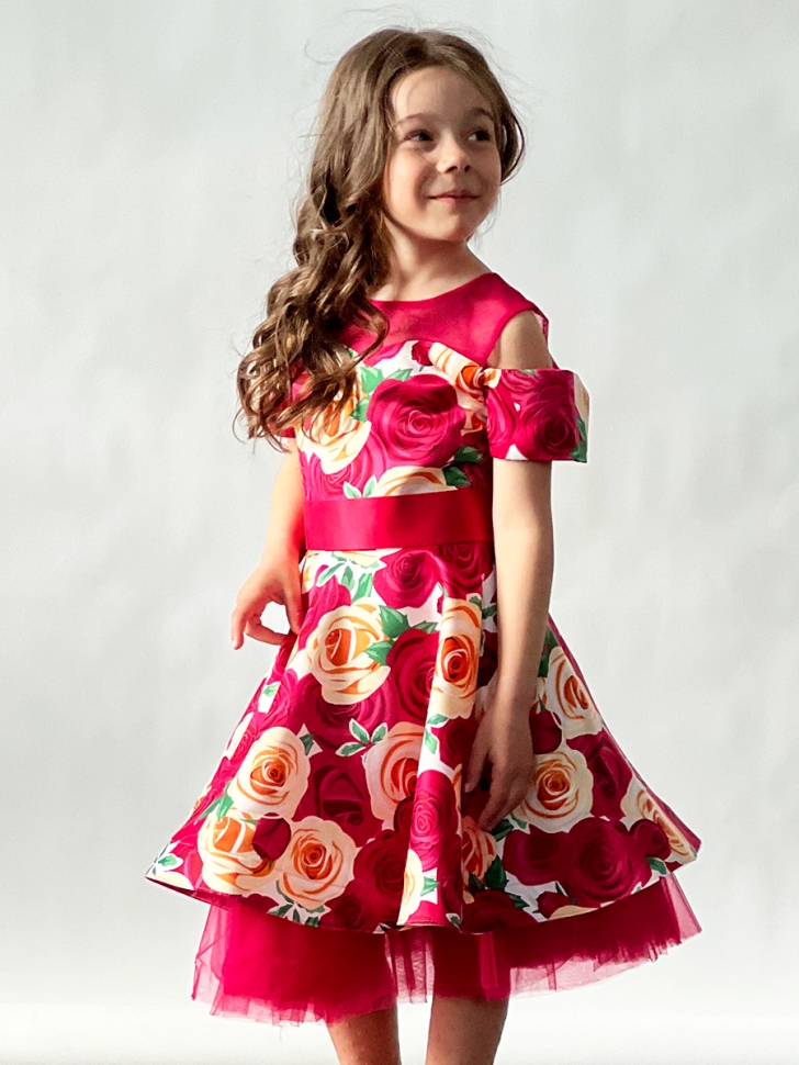 Платье для девочки нарядное БУШОН ST31, стиляги цвет малиновый/желтый пояс красный, принт красные цветы 
