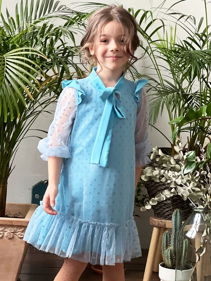 Платье для девочки нарядное БУШОН ST50, цвет голубой, бант, горошек/однотонный 