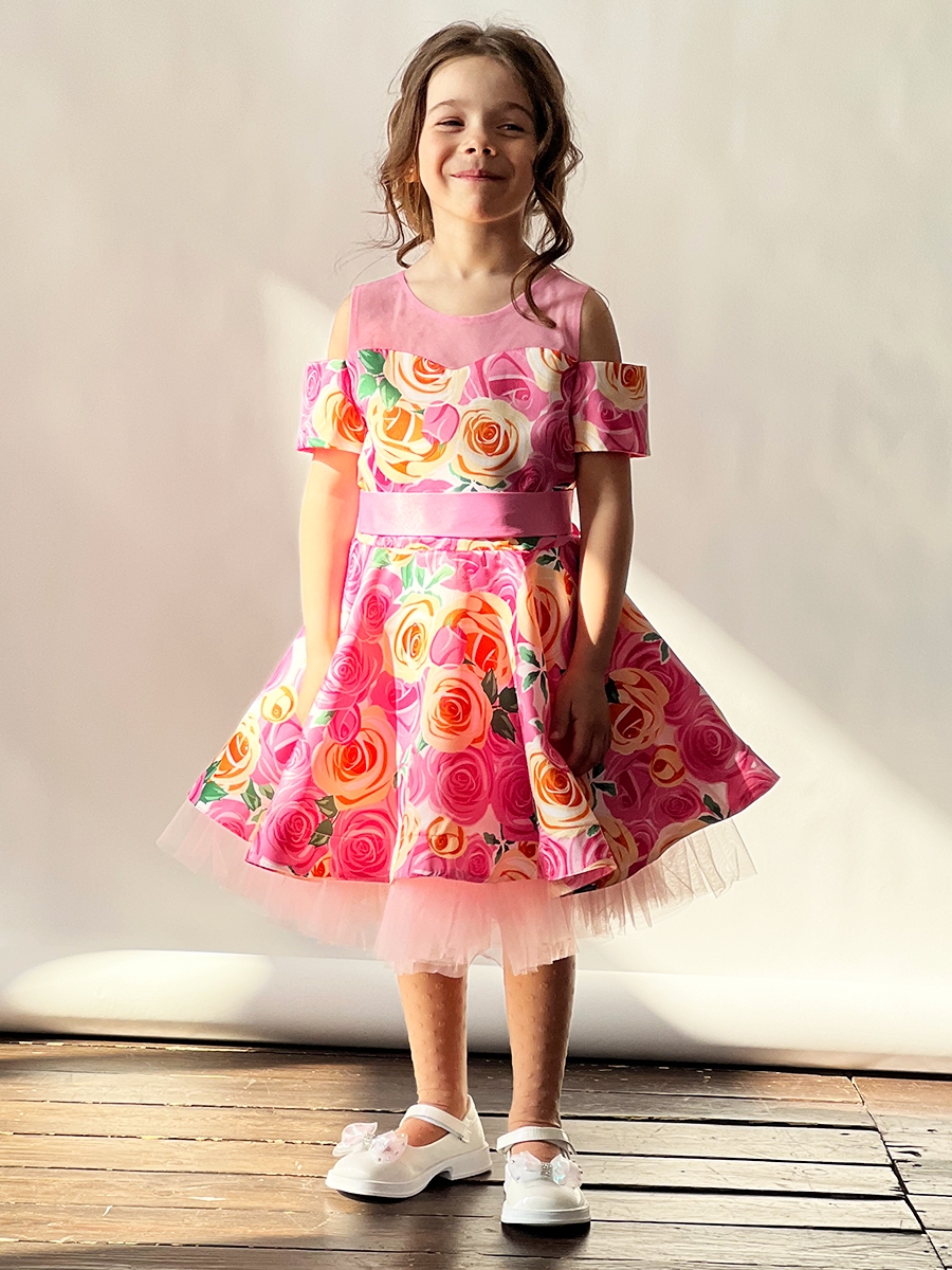 Платье для девочки нарядное БУШОН ST31, стиляги цвет розовый/желтый пояс розовый, принт цветы 