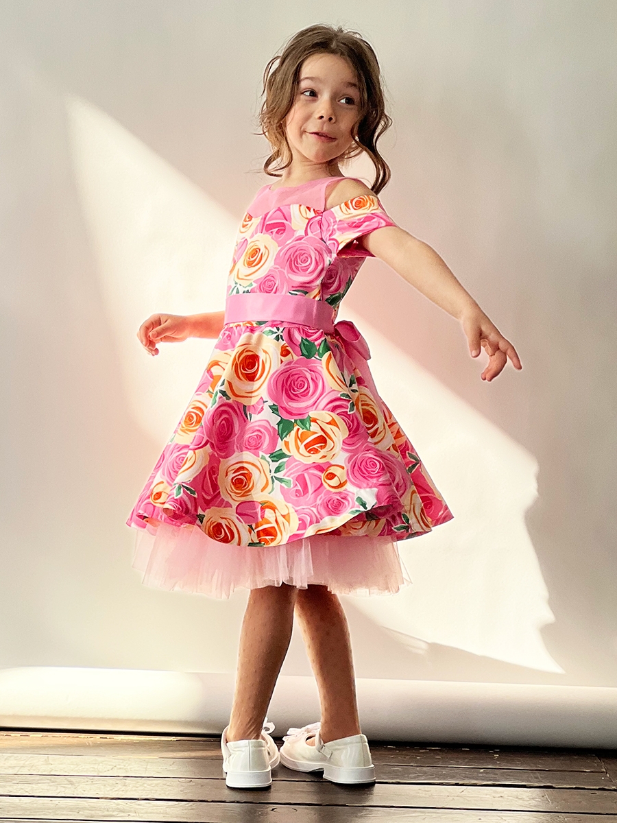 Платье для девочки нарядное БУШОН ST31, стиляги цвет розовый/желтый пояс розовый, принт цветы 