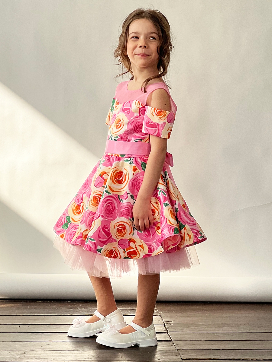 Платье для девочки нарядное БУШОН ST31, стиляги цвет розовый/желтый пояс розовый, принт цветы 