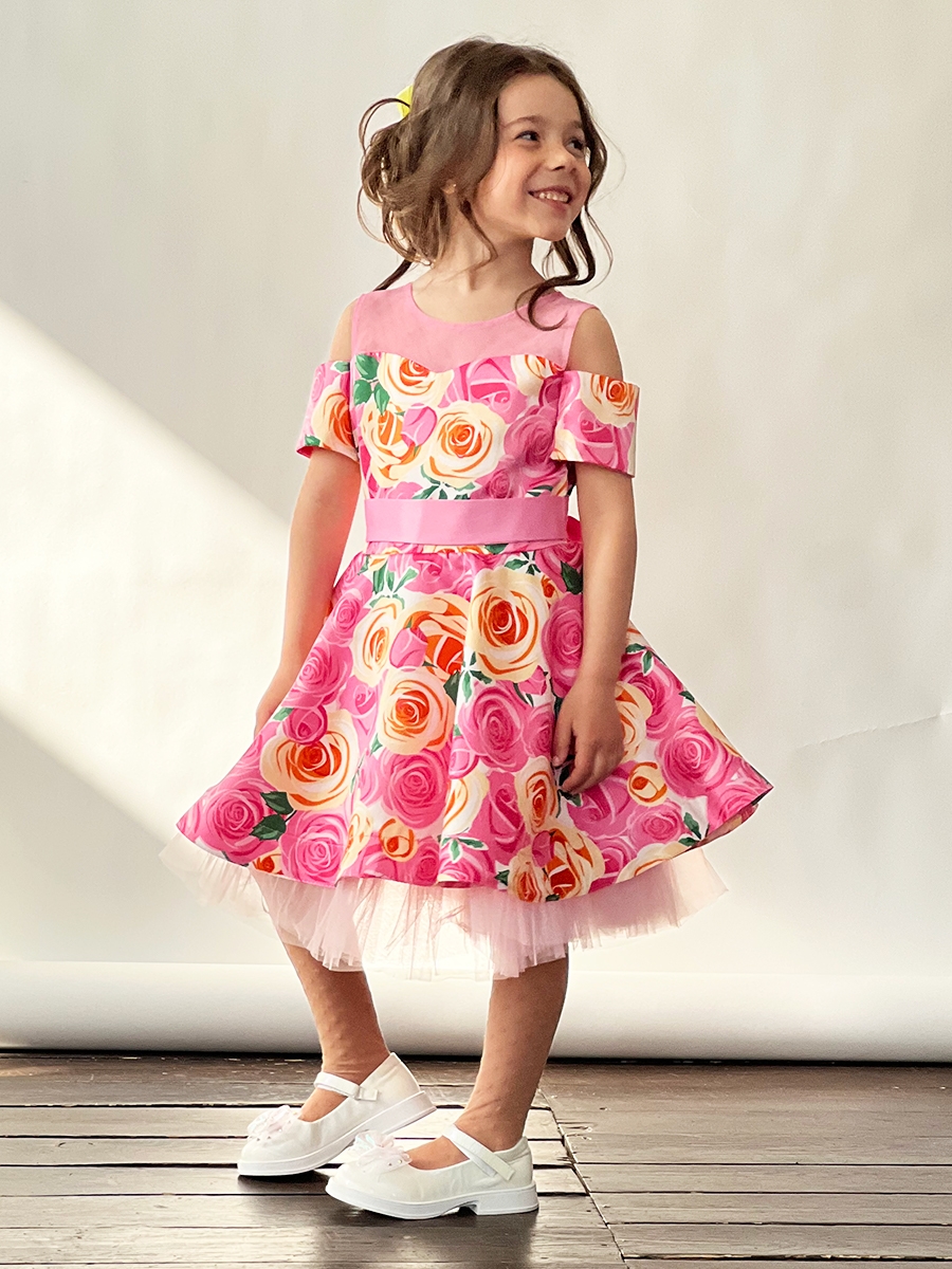 Платье для девочки нарядное БУШОН ST31, стиляги цвет розовый/желтый пояс розовый, принт цветы 