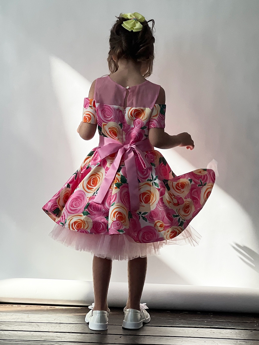 Платье для девочки нарядное БУШОН ST31, стиляги цвет розовый/желтый пояс розовый, принт цветы 