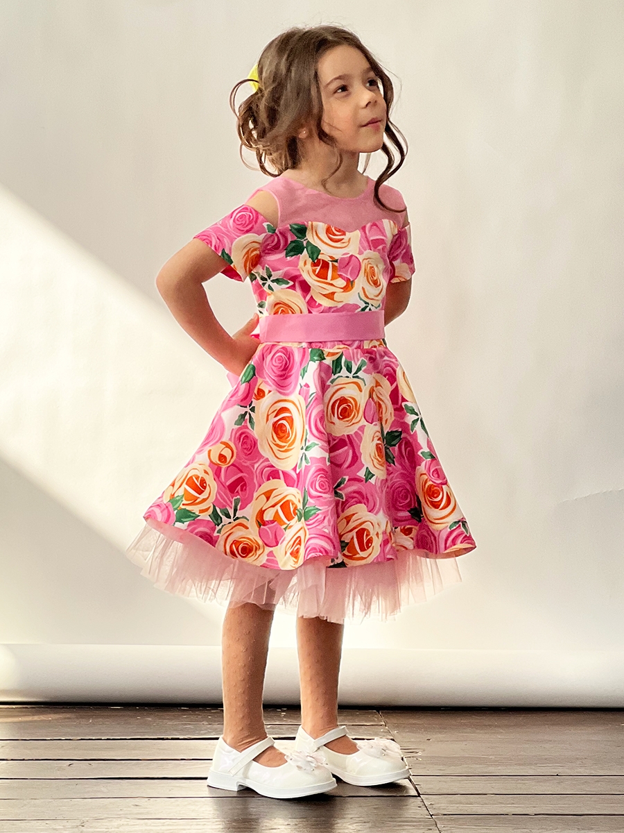 Платье для девочки нарядное БУШОН ST31, стиляги цвет розовый/желтый пояс розовый, принт цветы 