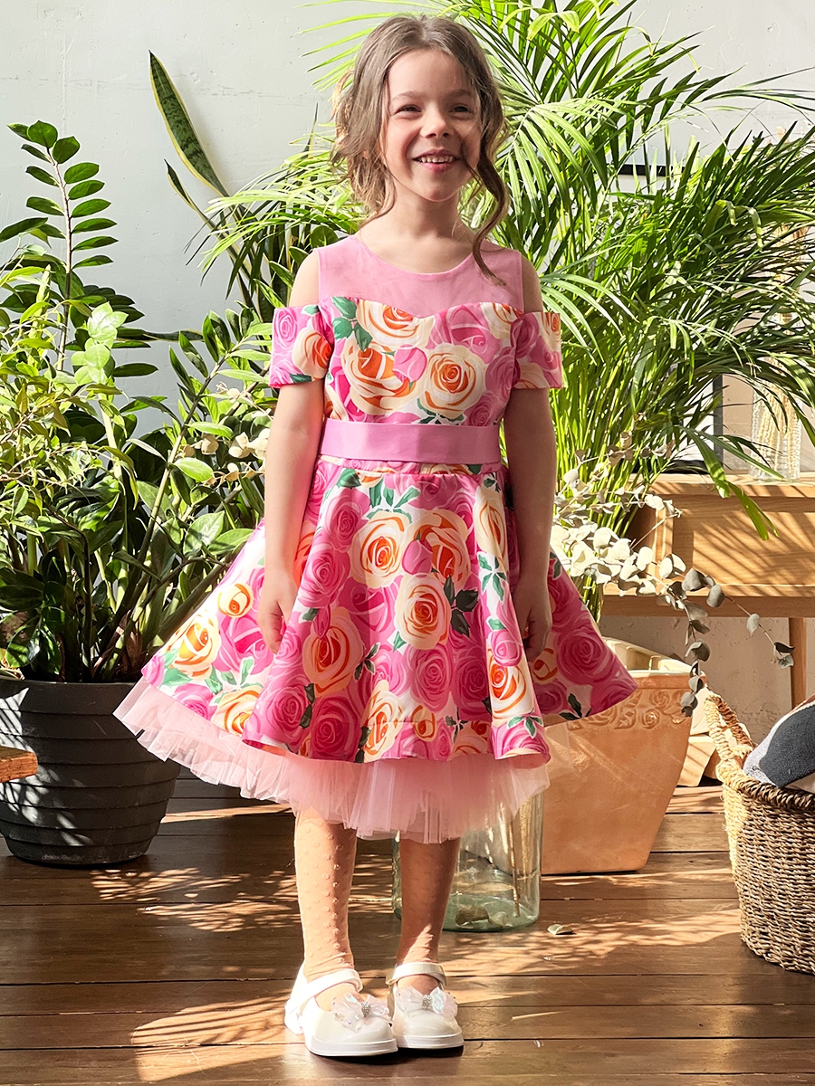 Платье для девочки нарядное БУШОН ST31, стиляги цвет розовый/желтый пояс розовый, принт цветы 
