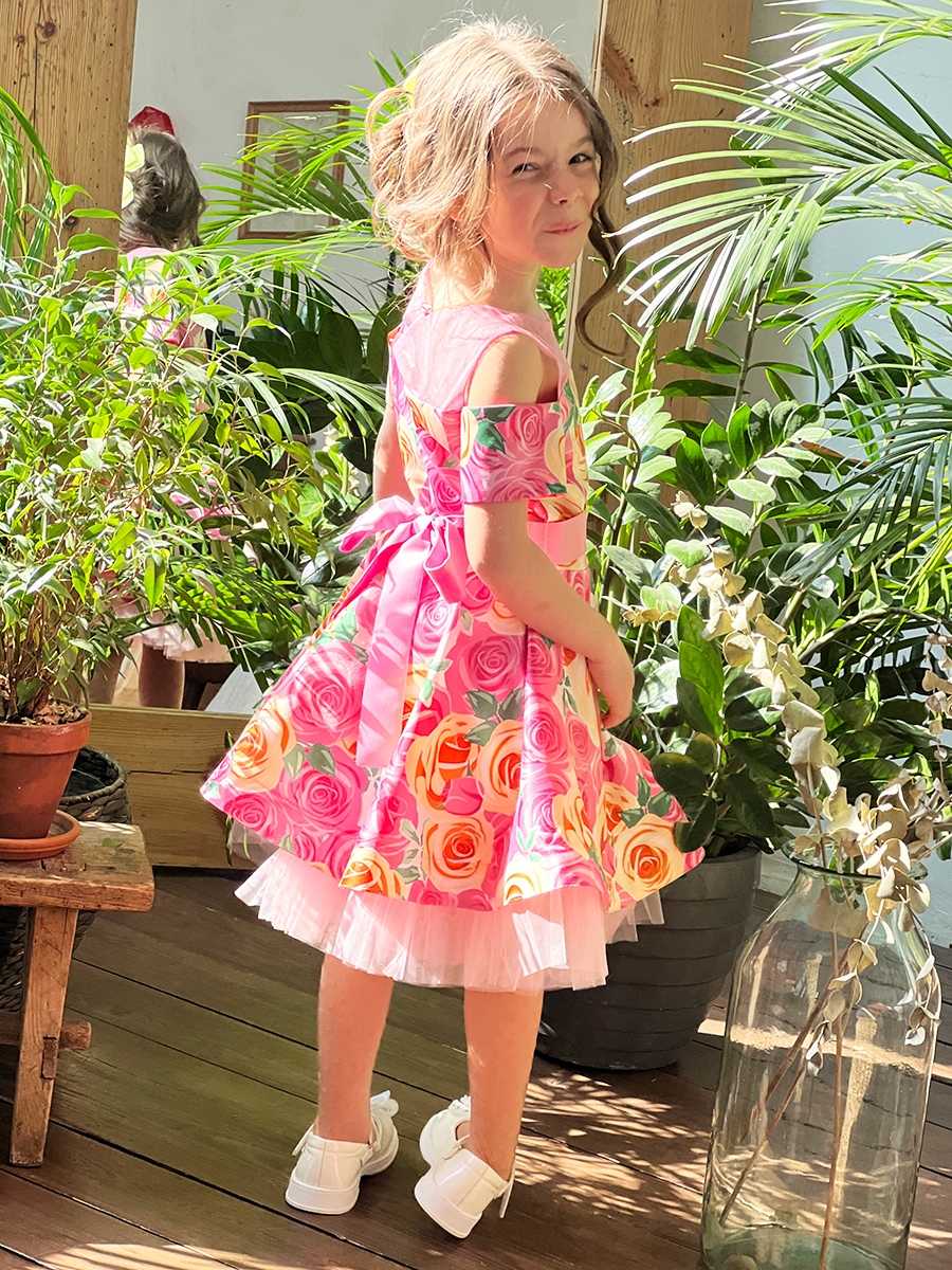 Платье для девочки нарядное БУШОН ST31, стиляги цвет розовый/желтый пояс розовый, принт цветы 