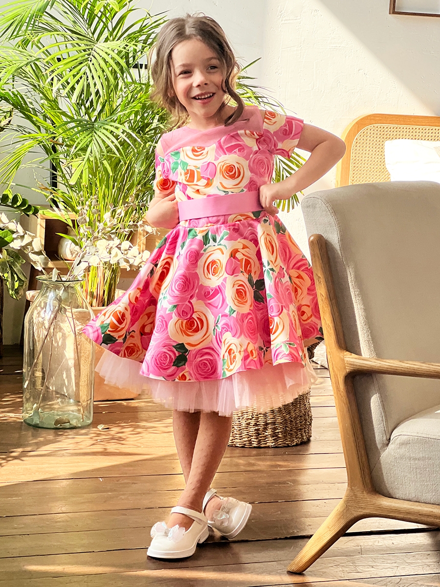 Платье для девочки нарядное БУШОН ST31, стиляги цвет розовый/желтый пояс розовый, принт цветы 