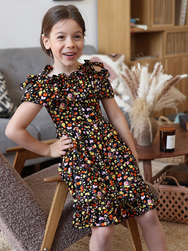 Платье для девочки вискоза БУШОН ST65, цвет черный/мультиколор