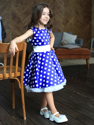 Платье для девочки нарядное БУШОН ST10, стиляги цвет василек, белый пояс, принт белый горошек