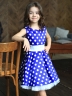 Платье для девочки нарядное БУШОН ST10, стиляги цвет василек, белый пояс, принт белый горошек 