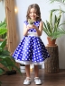 Платье для девочки нарядное БУШОН ST10, стиляги цвет василек, белый пояс, принт белый горошек 