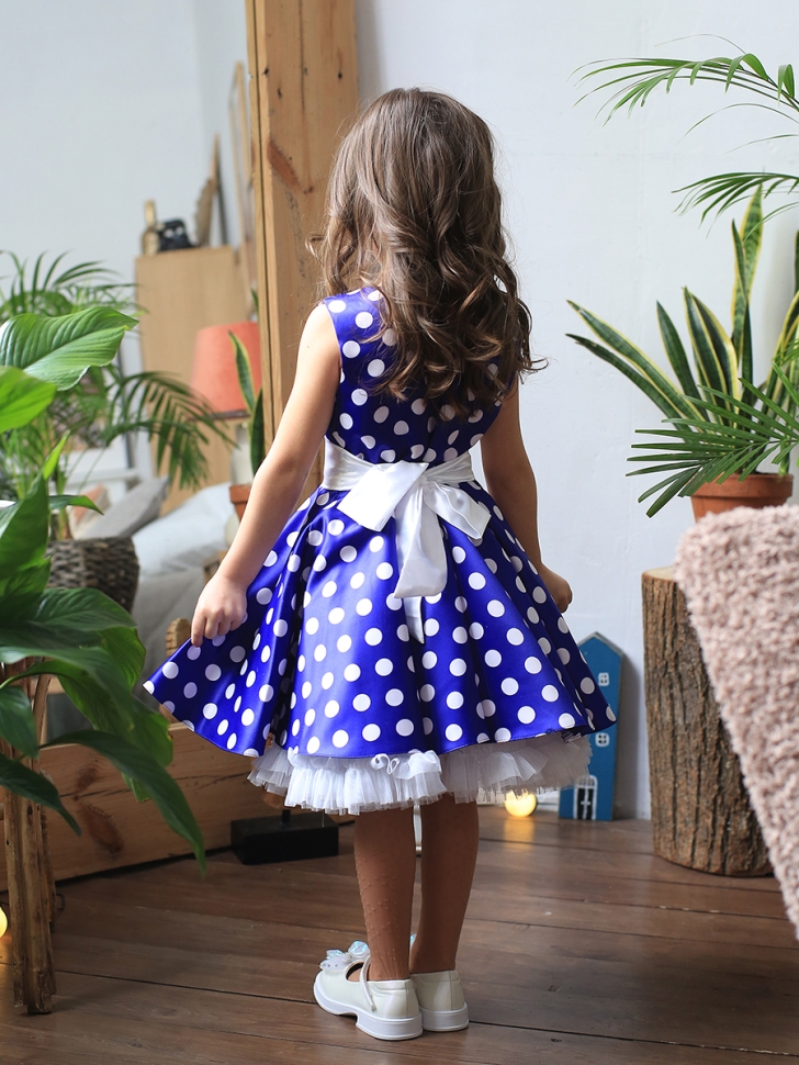 Платье для девочки нарядное БУШОН ST10, стиляги цвет василек, белый пояс, принт белый горошек 