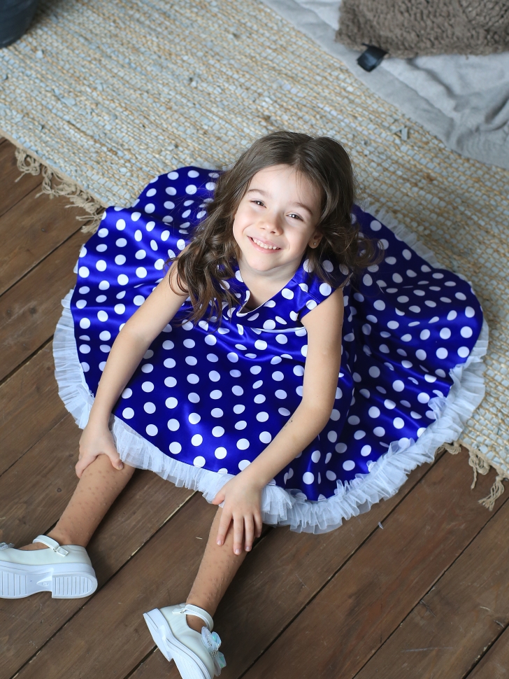 Платье для девочки нарядное БУШОН ST10, стиляги цвет василек, белый пояс, принт белый горошек 