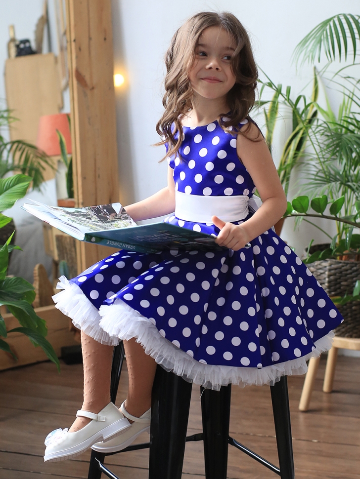 Платье для девочки нарядное БУШОН ST10, стиляги цвет василек, белый пояс, принт белый горошек 